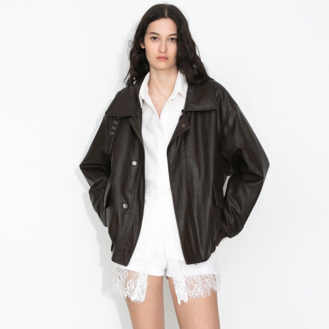 Faux Shearling Collar Leather Jacket