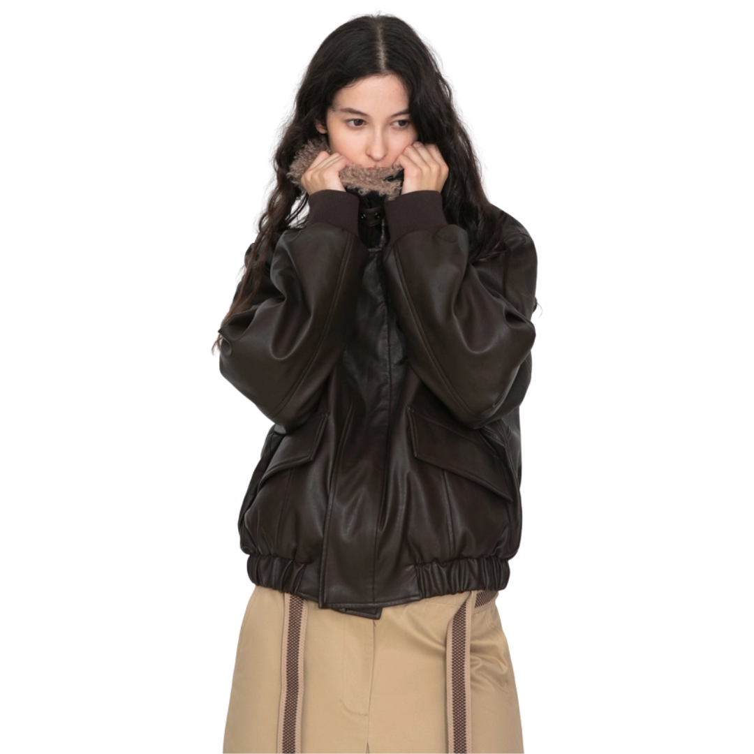 Faux Shearling Collar Leather Jacket