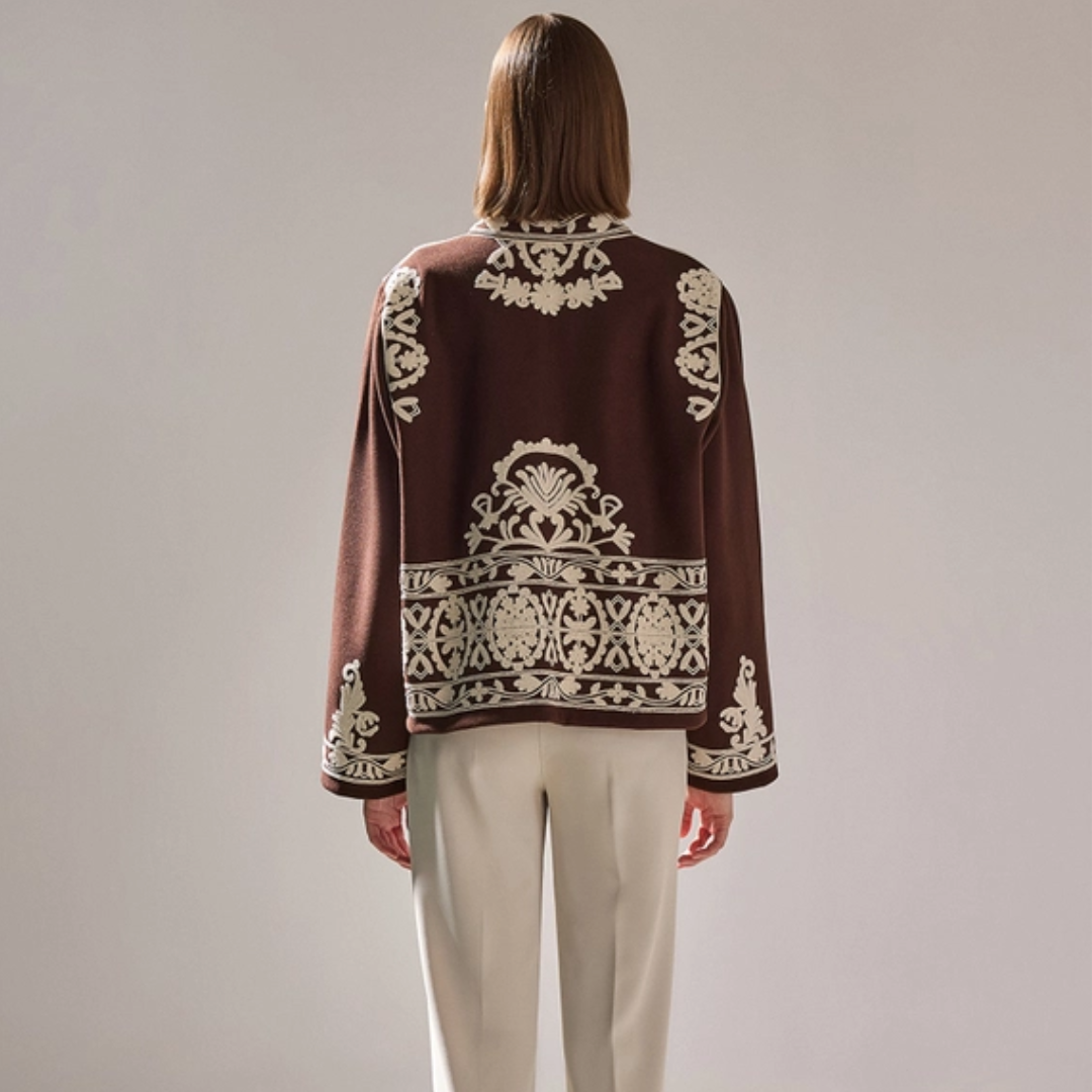 Embroidered Cotton Gabardine Collarless Jacket