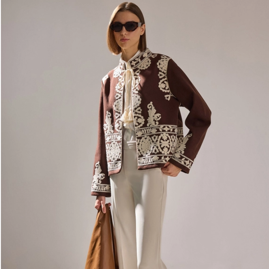 Embroidered Cotton Gabardine Collarless Jacket