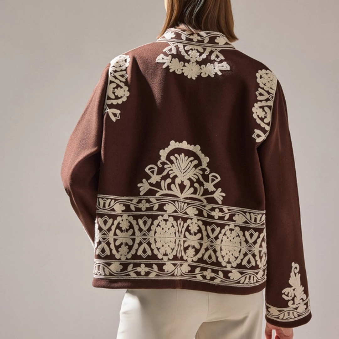 Embroidered Cotton Gabardine Collarless Jacket