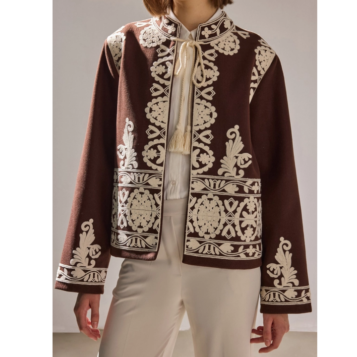 Embroidered Cotton Gabardine Collarless Jacket