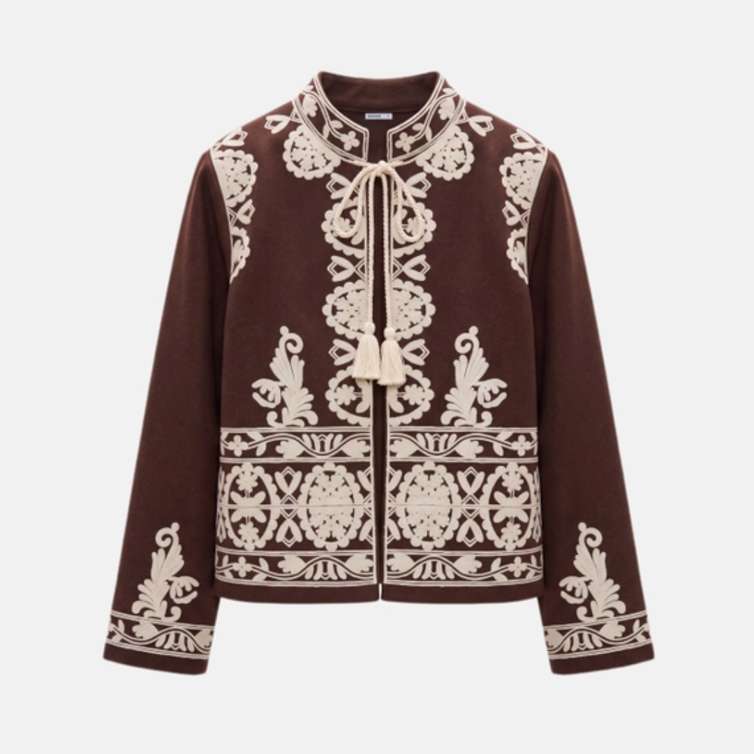 Embroidered Cotton Gabardine Collarless Jacket