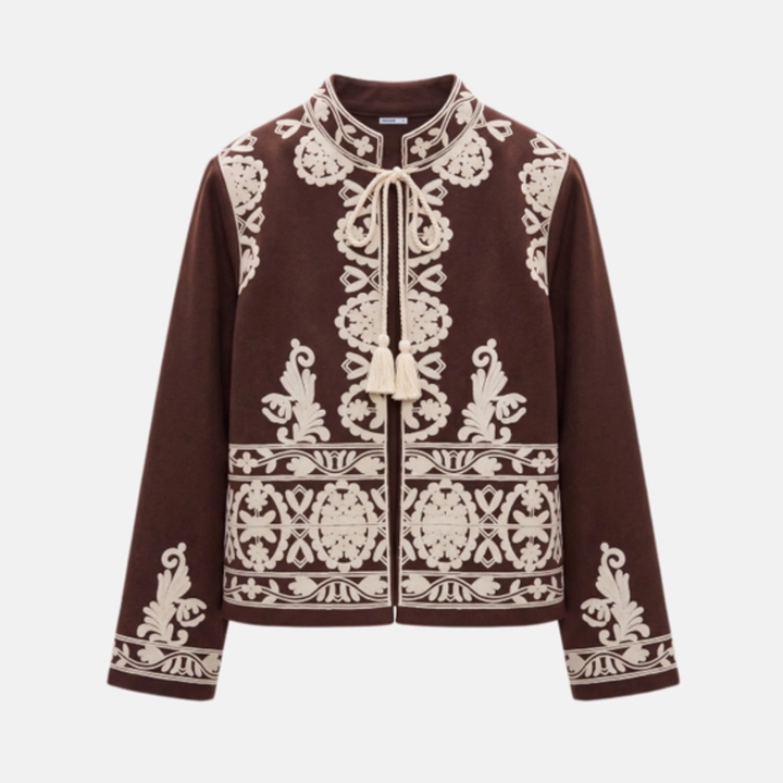 Embroidered Cotton Gabardine Collarless Jacket