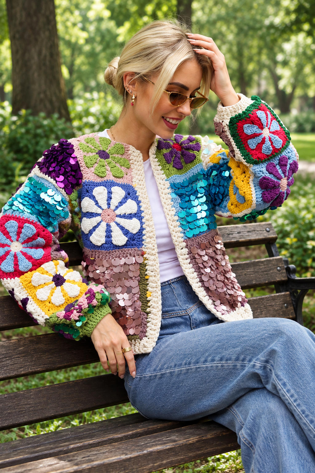 Sequin Flower Crochet Cardigan