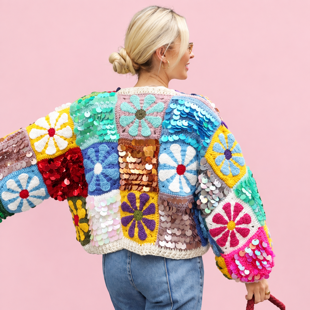 Sequin Flower Crochet Cardigan