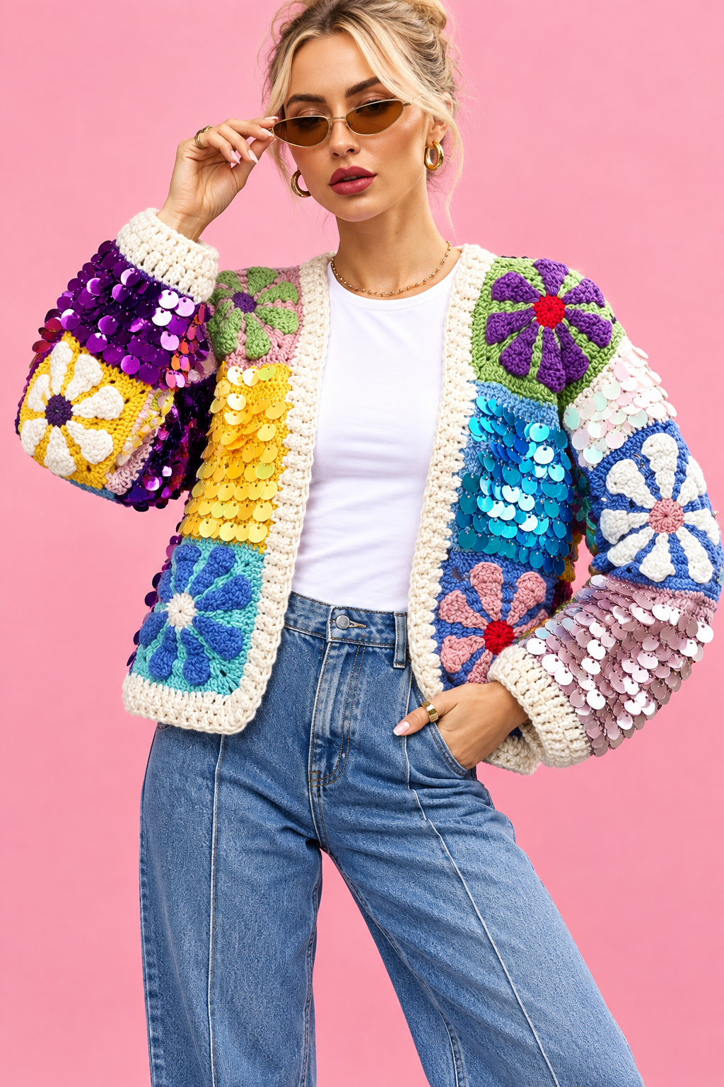 Sequin Flower Crochet Cardigan