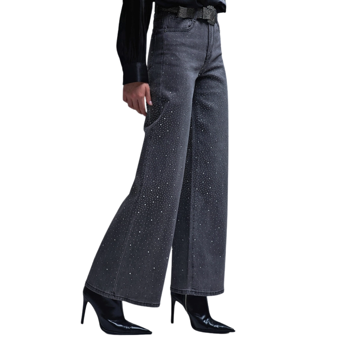 Black Rhinestone Wide Leg Jeans