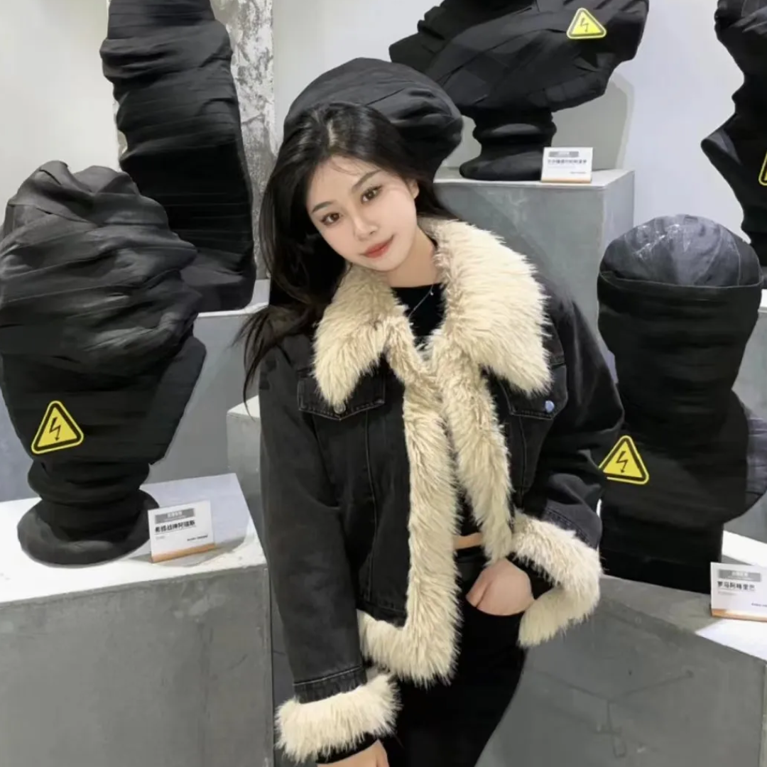 Black Denim Fur Trim Jacket - Festigal