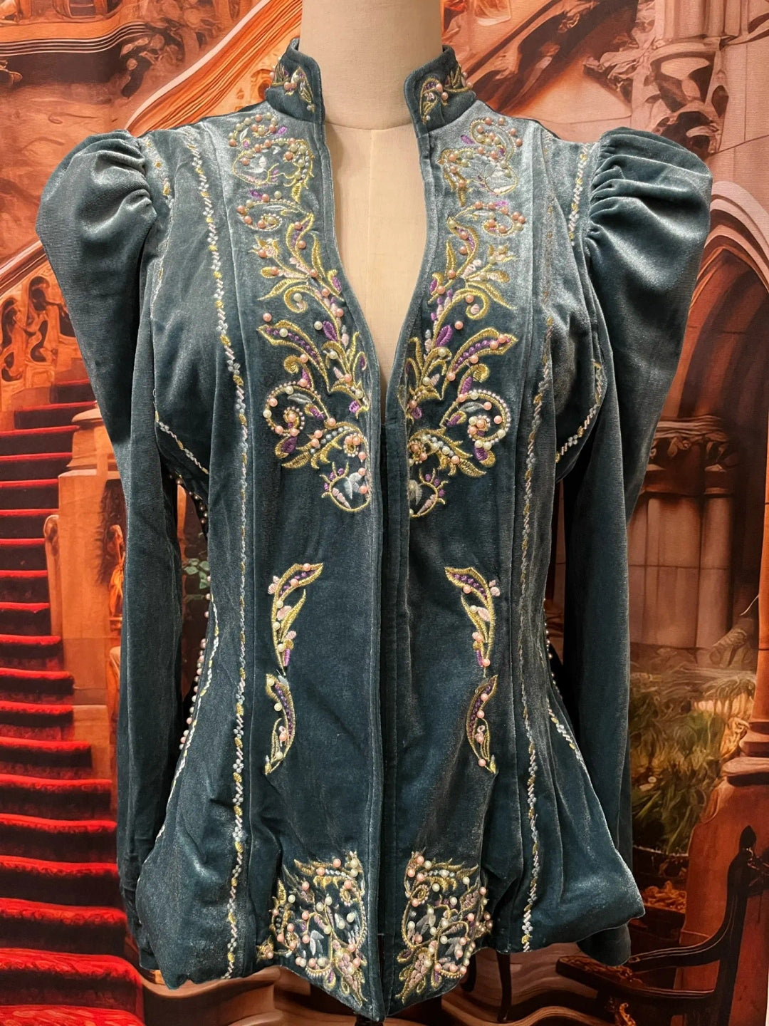Embroidered Peplum Velvet Blouse