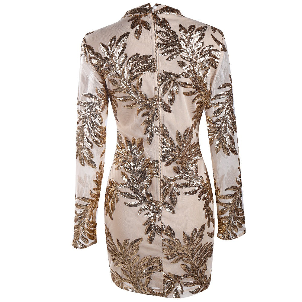 Sequin Mesh Palm Leaves Dress - Festigal