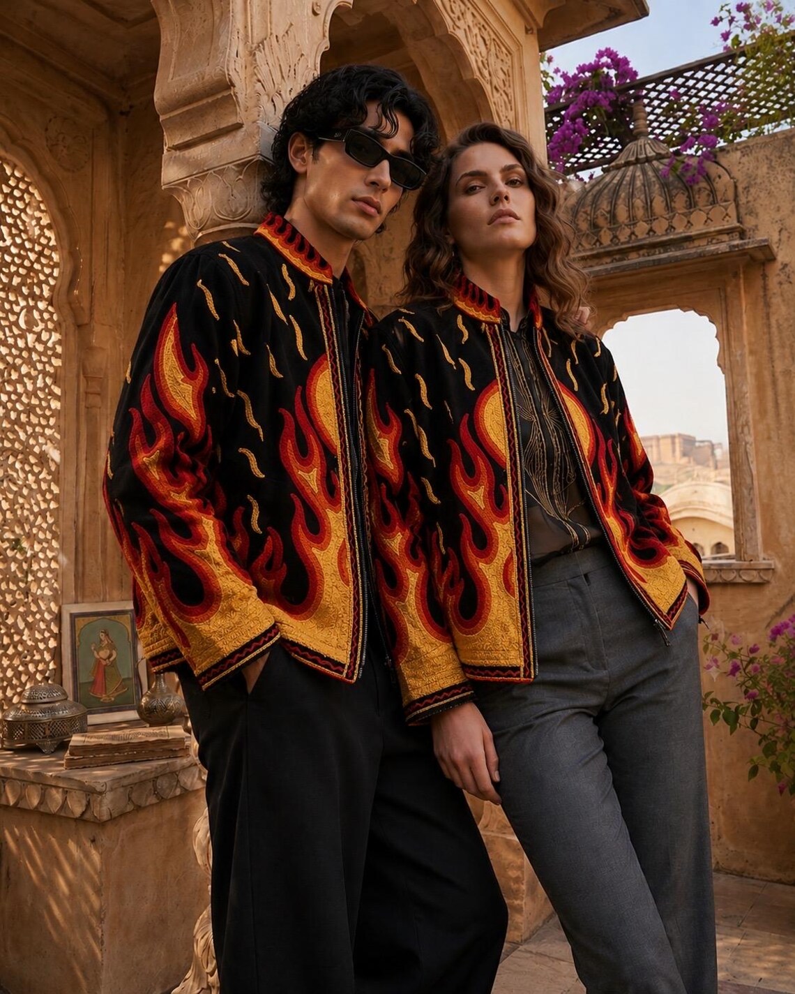 Flames Embroidered Velvet Jacket