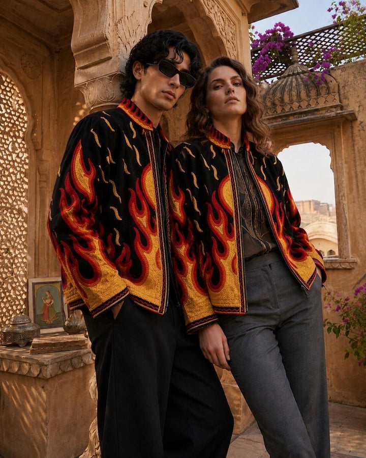 Flames Embroidered Velvet Jacket