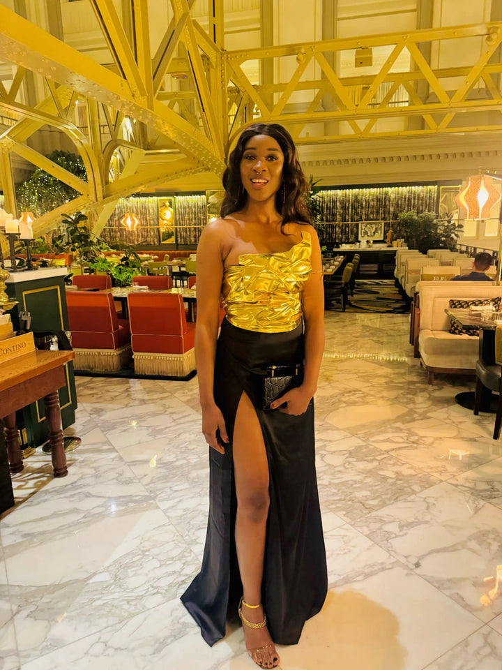 Liquid Gold & Black Satin Maxi Dress
