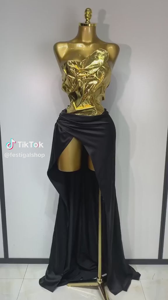 Liquid Gold & Black Satin Maxi Dress