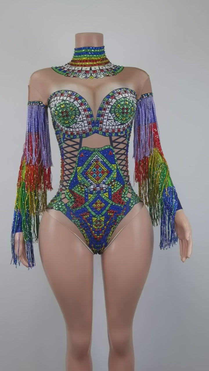 Rainbow Tassel Eye Rhinestone Bodysuit