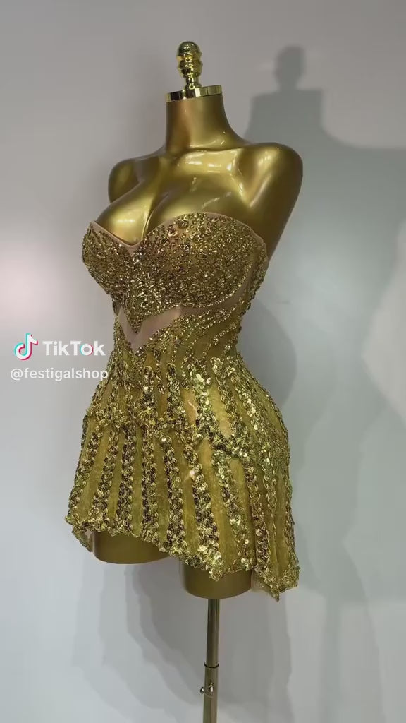 Gold Sweetheart Sequin A-Line Dress