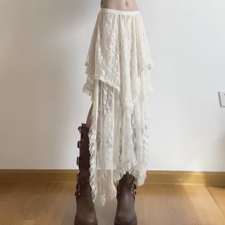 Asymmetrical White Lace Boho Midi Skirt