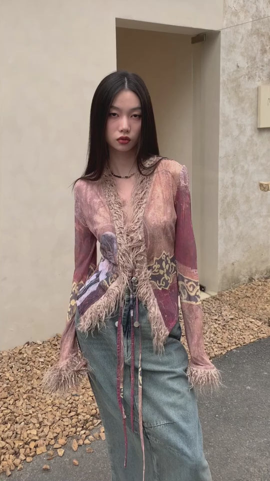 Afghan Inspired Shaggy Fur Trim Blouse