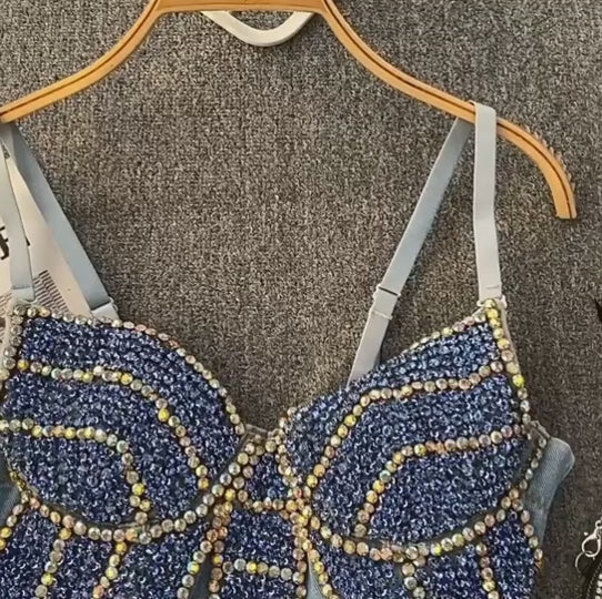 Butterfly Denim Beaded Top