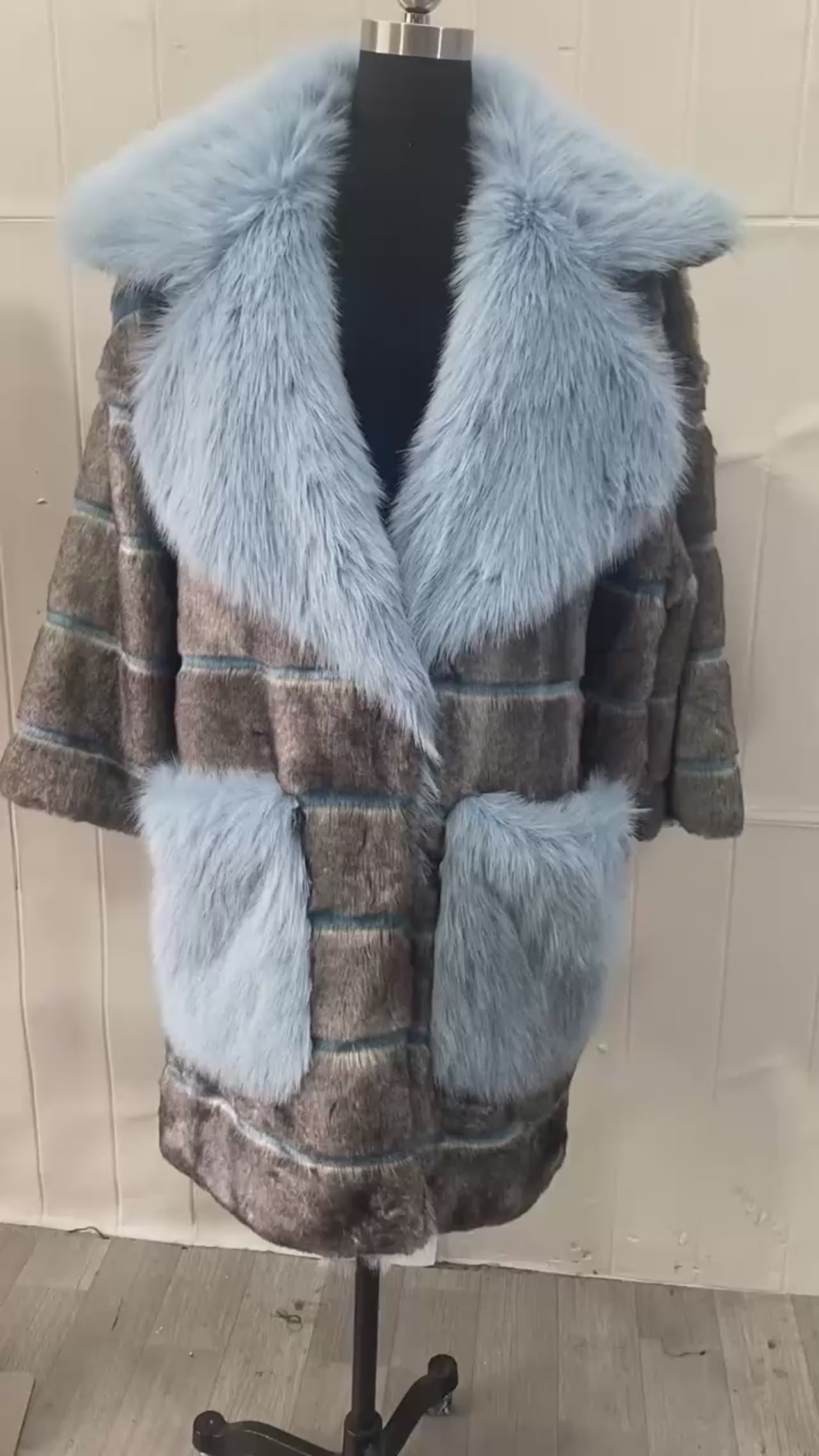Grey and Blue Striped Faux Fur Coat