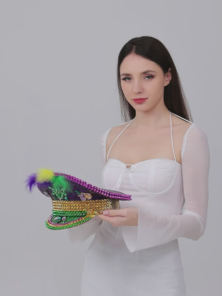 Mardi Gras Feather Military Hat
