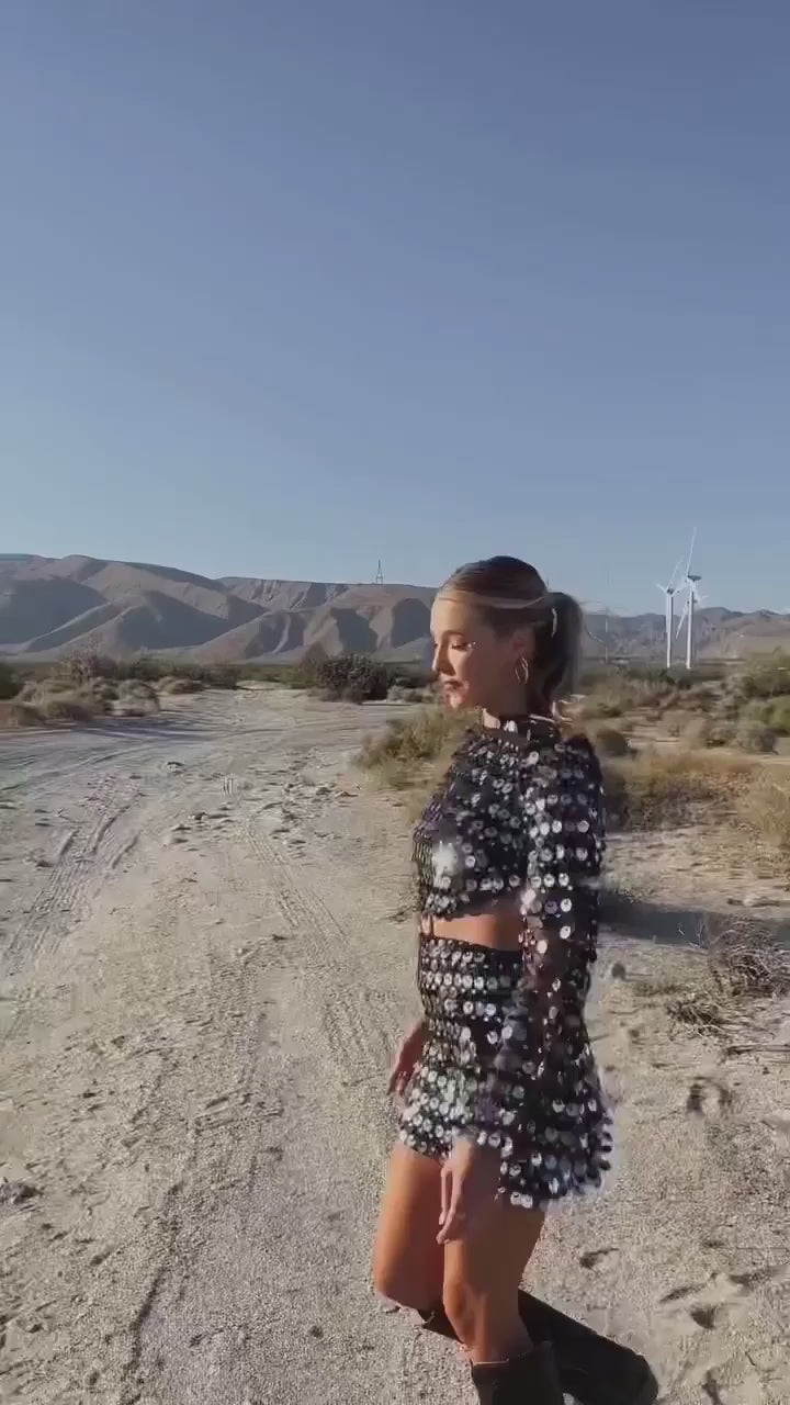 Sequin Cut Out Bell Sleeve Dress