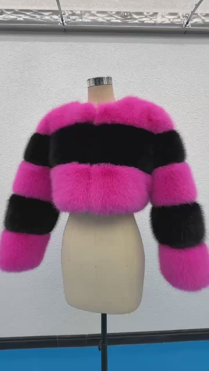 Cropped Striped Faux Fur Coat