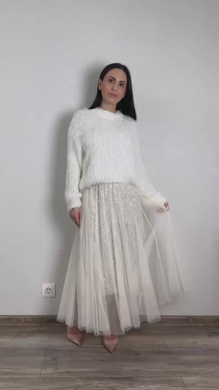 Sequin Mesh Midi Skirt