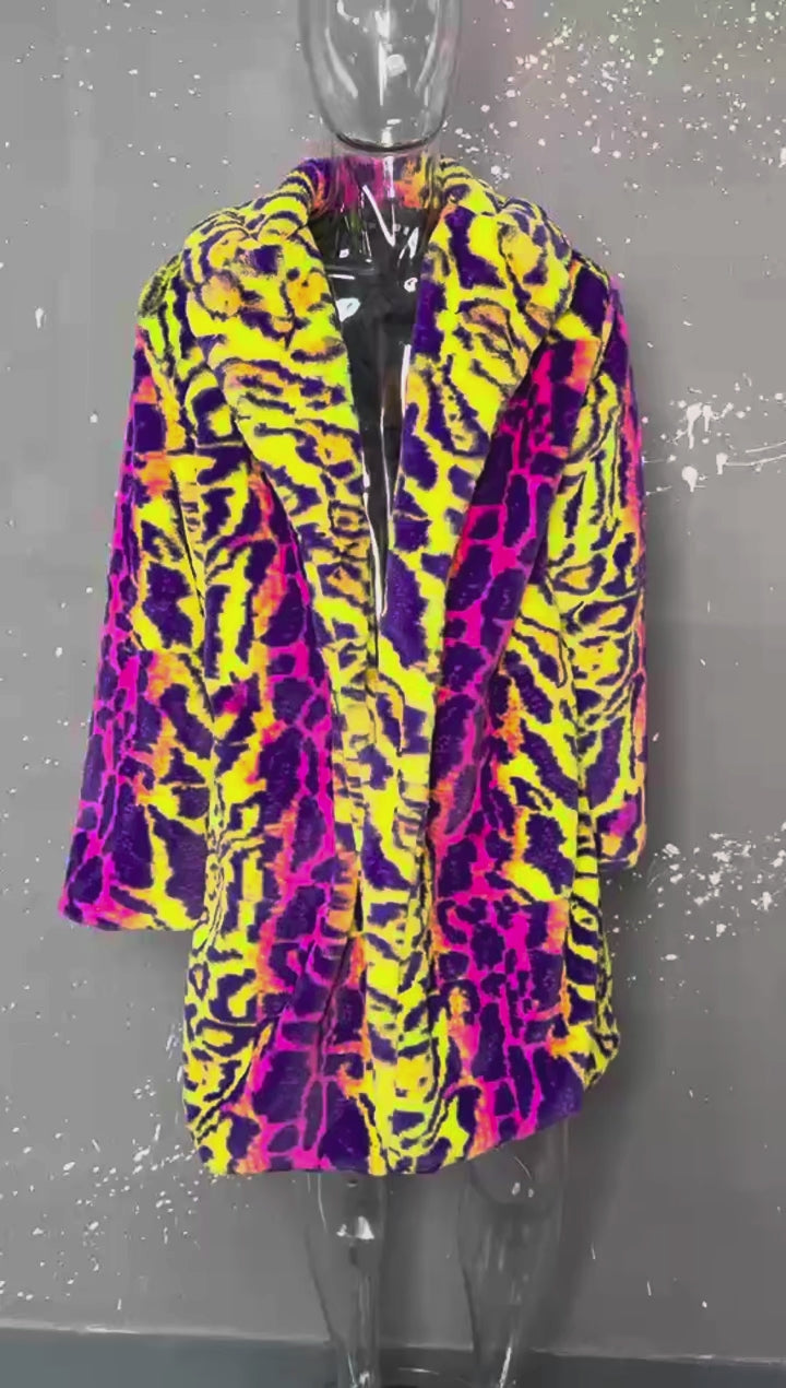 Men's Neon Leopard Print Faux Fur Coat