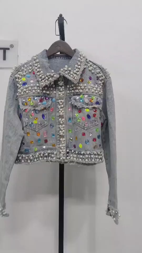 Pearl Gem Embellished Denim Jacket