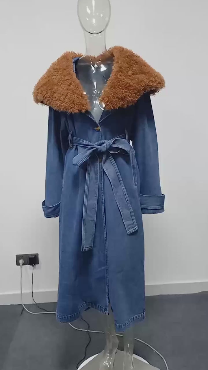 Denim & Fur Collar Trench Coat