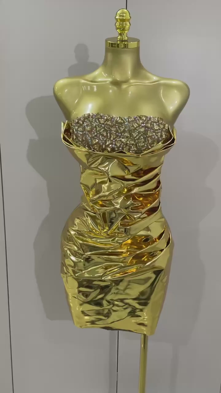 Gold Sequin Ruched Strapless Dress