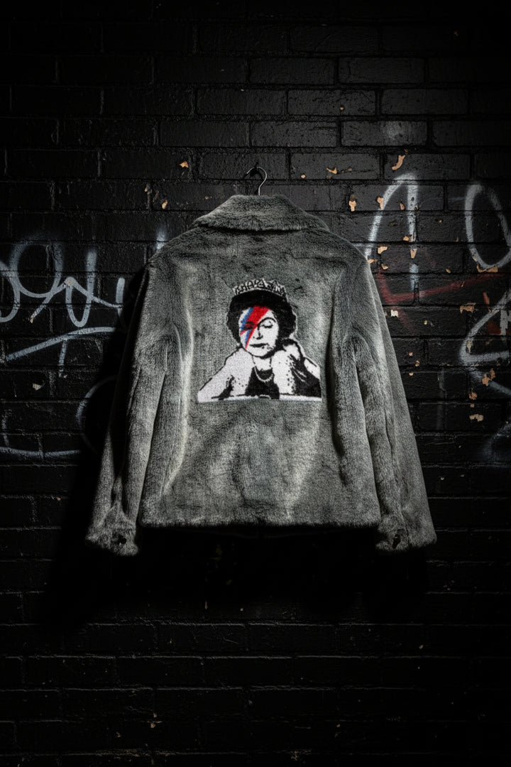 Authentic Men's GUESS x Banksy Queen Elizabeth & Bowie-Inspired Lightning Bolt Jacket