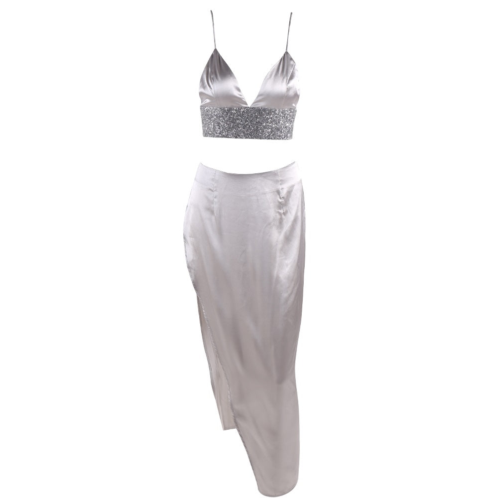 Silver Satin Two Piece Set