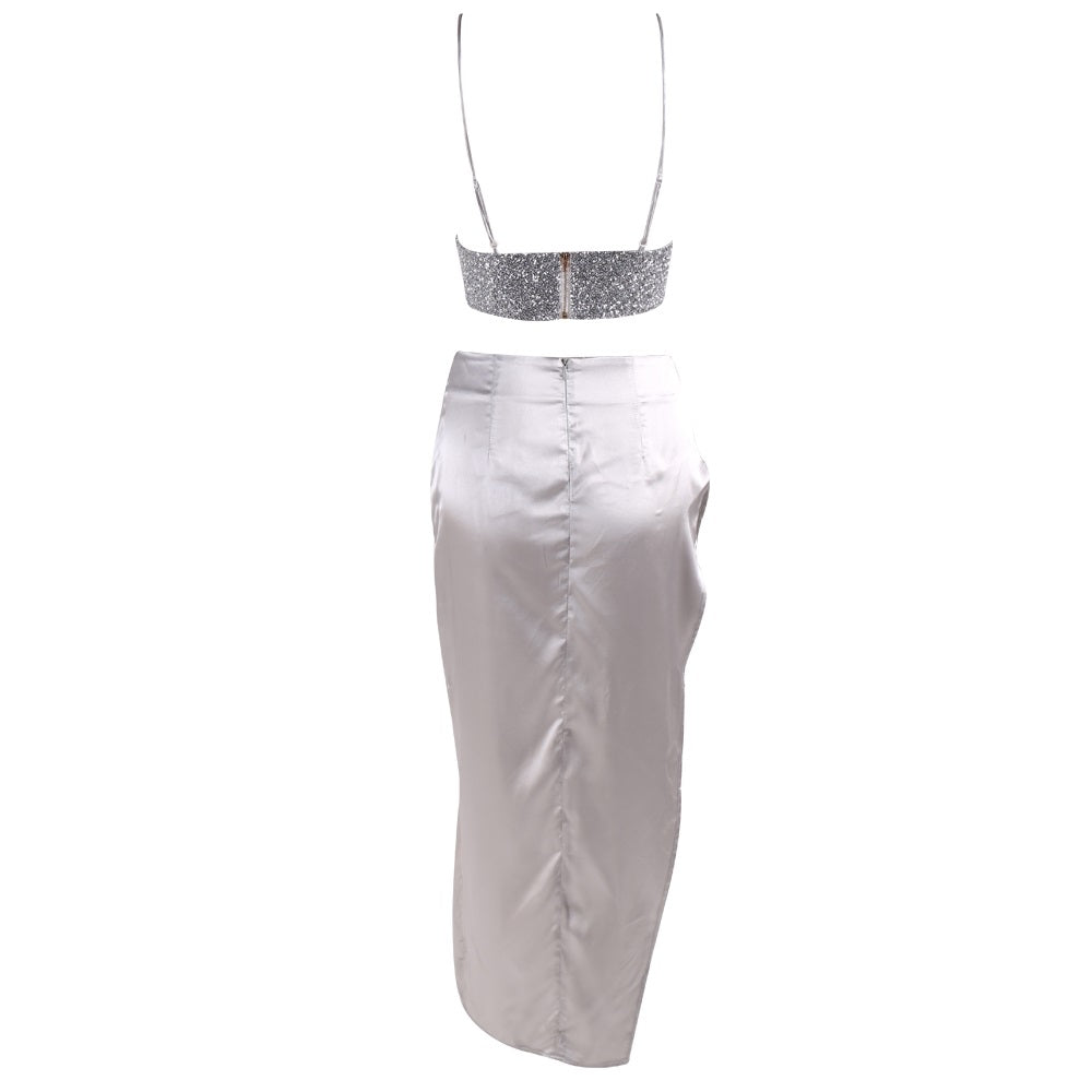 Silver Satin Two Piece Set