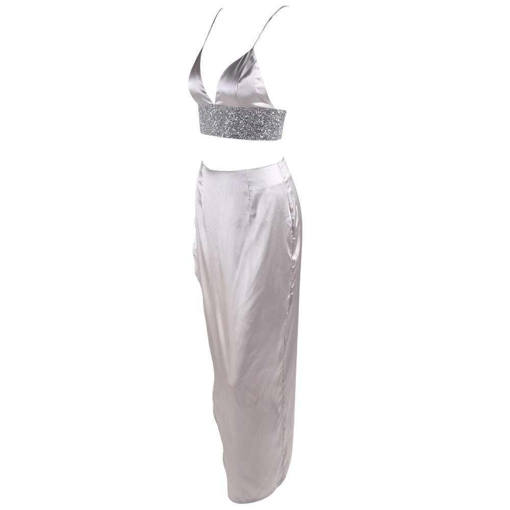 Silver Satin Two Piece Set