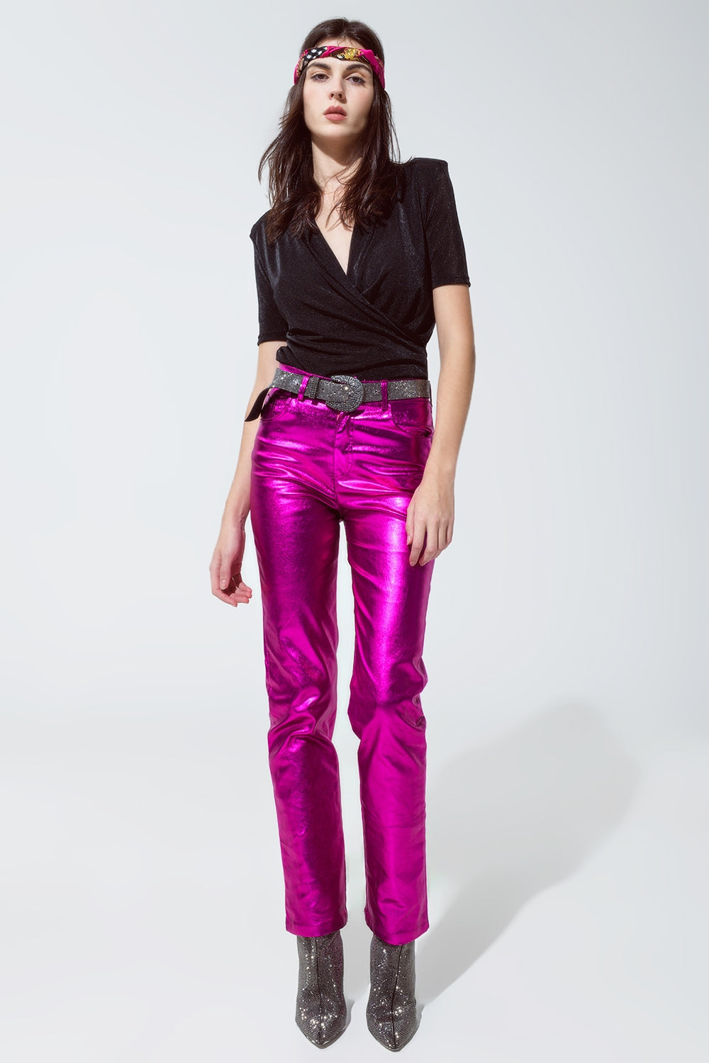 Fuchsia Straight Metallic Trousers - Festigal