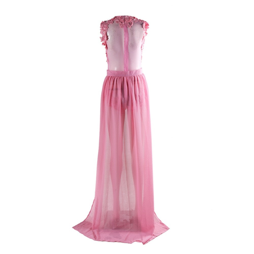 Pink Mesh Lace Maxi Dress - Festigal