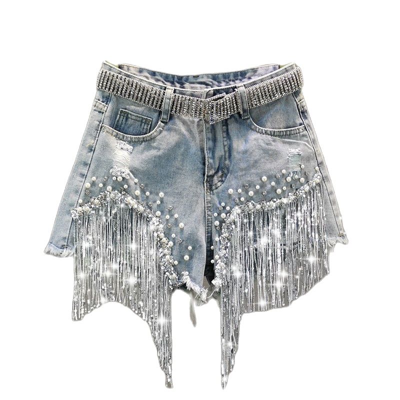 Sparkling Tassel Beaded Denim Shorts - Festigal