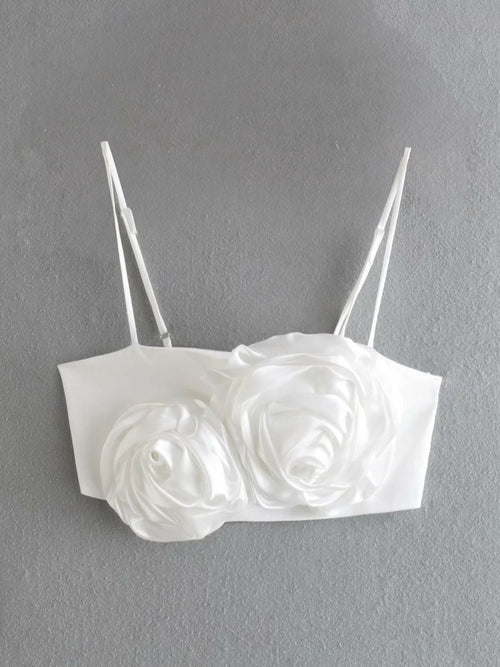 3D White Rose Cami Crop Top - Festigal
