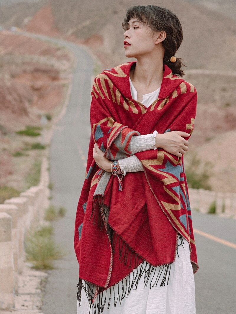 Red Aztec Poncho Cloak - Festigal