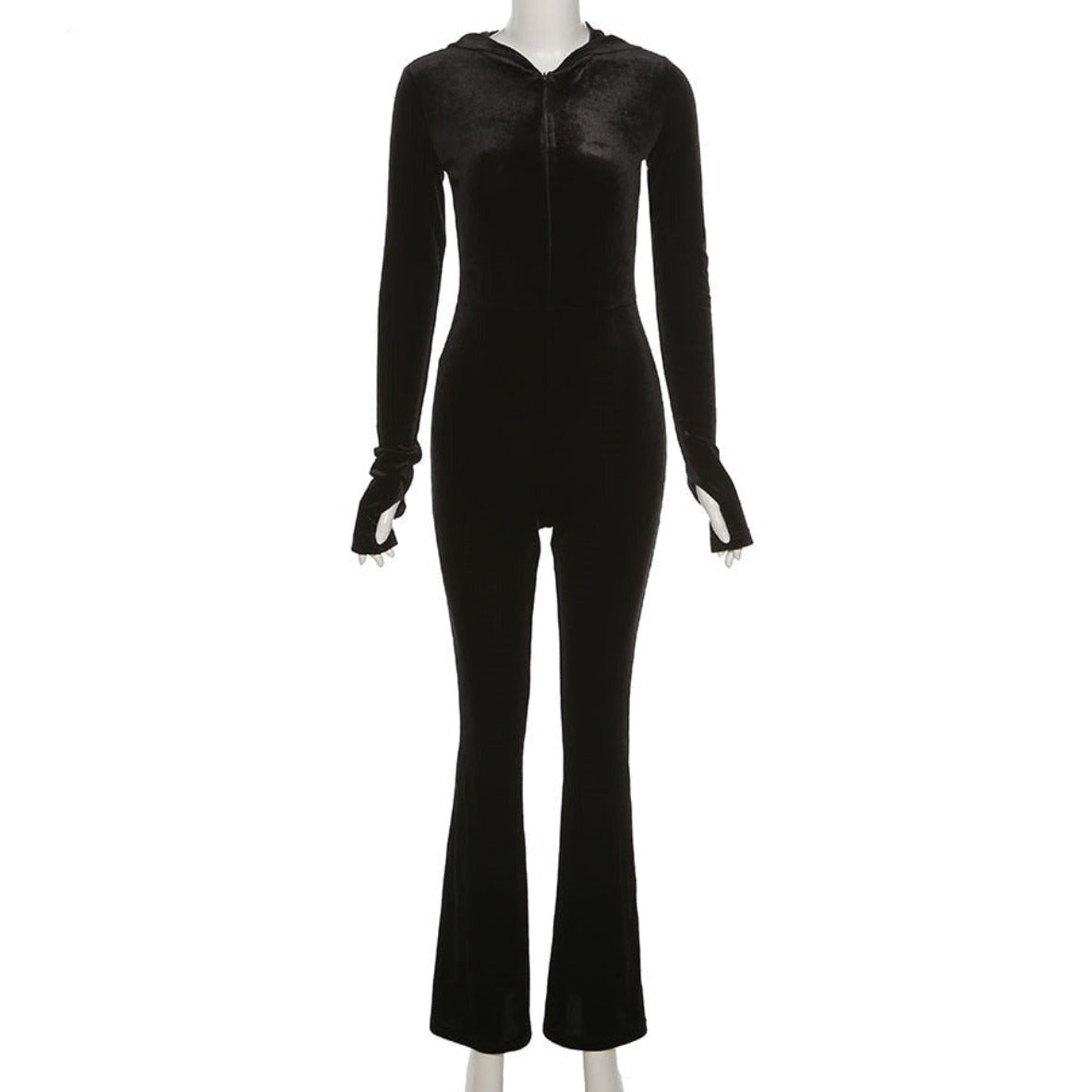 Hooded Black Velvet Jumpsuit - Festigal