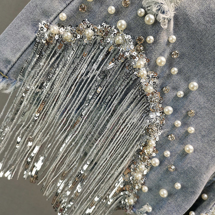 Sparkling Tassel Beaded Denim Shorts - Festigal