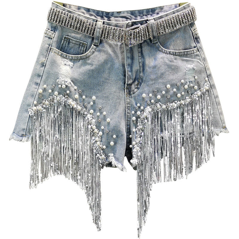 Sparkling Tassel Beaded Denim Shorts - Festigal
