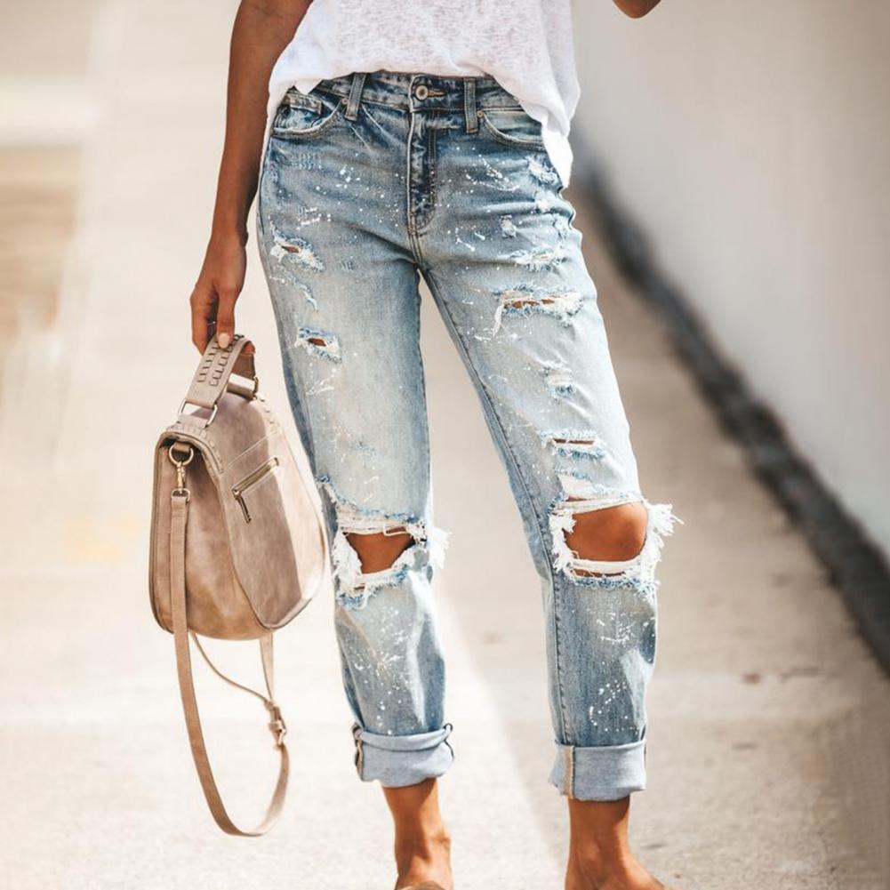 Mid Waist Ripped Splashed Jeans