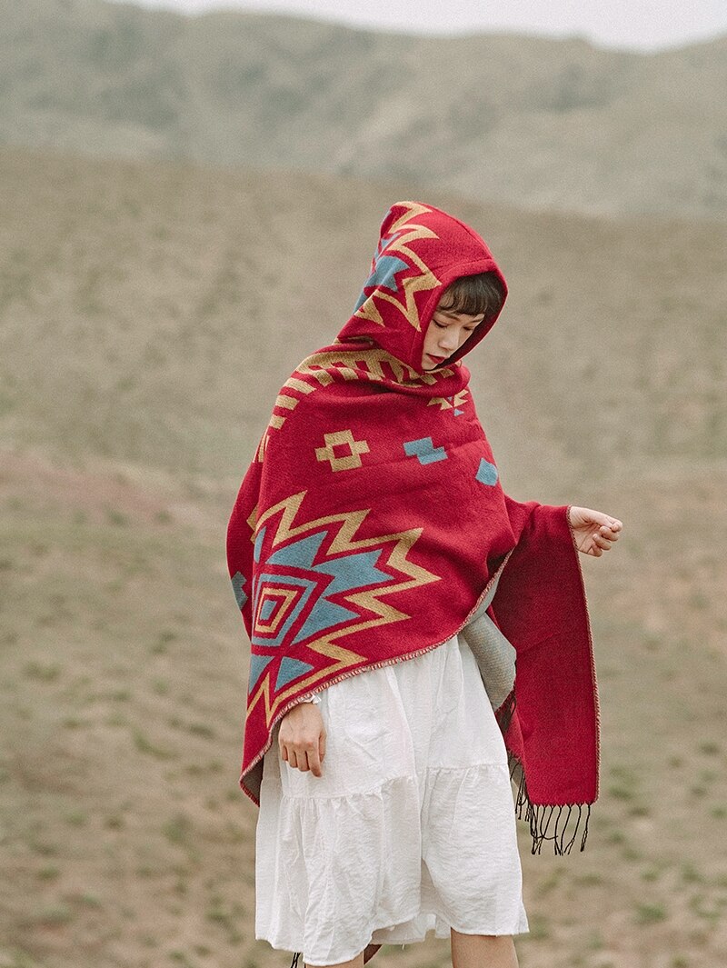 Red Aztec Poncho Cloak - Festigal