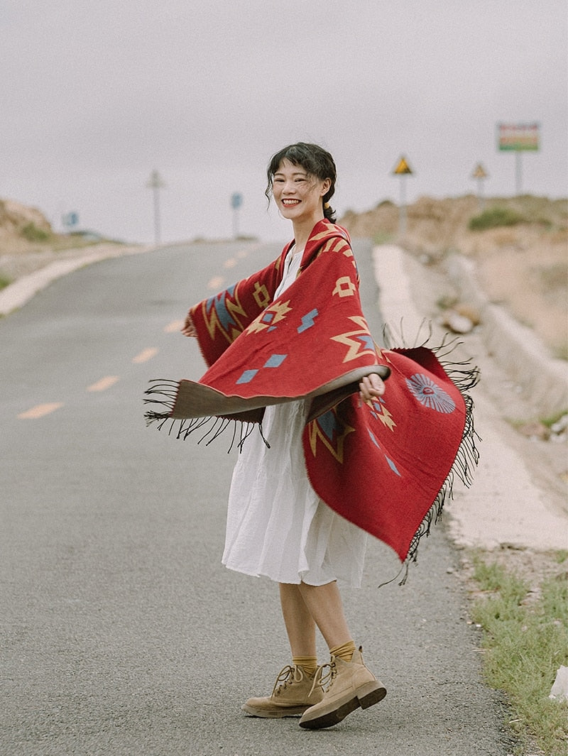 Red Aztec Poncho Cloak - Festigal
