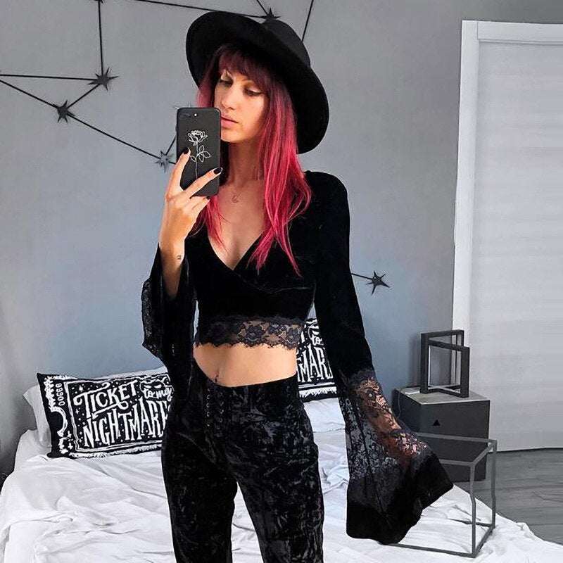 Velvet Lace Insert Crop Top - Festigal