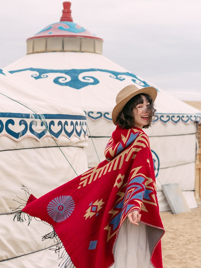 Red Aztec Poncho Cloak - Festigal